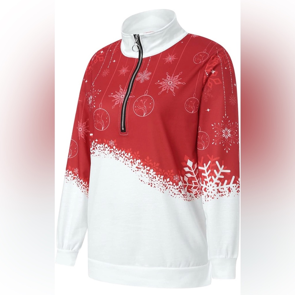 NEW Women Christmas Snowflake Print Half Zipper Lapel Xmas Sweatshirt - Picture 2 of 7